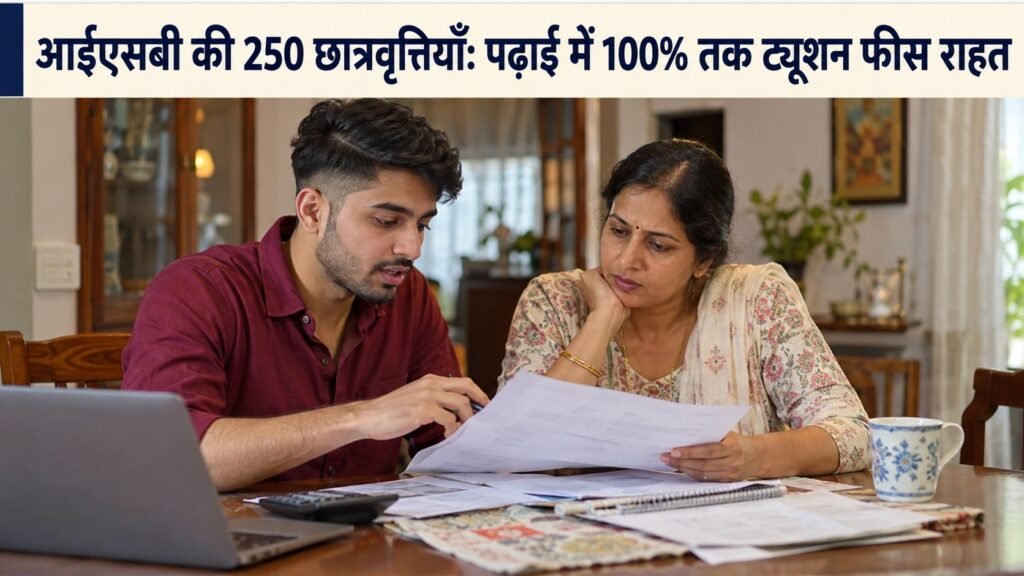 ISB Scholarship — माँ के साथ मेज पर पढ़ाई के खर्च के कागज देखता युवा