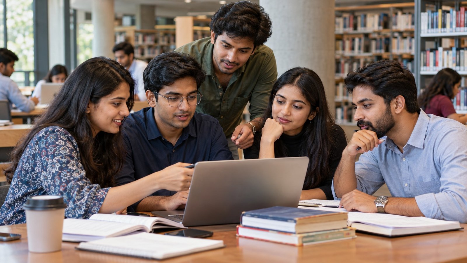 ISB Scholarship — पुस्तकालय में लैपटॉप पर साथ काम करते बिजनेस विद्यार्थी।