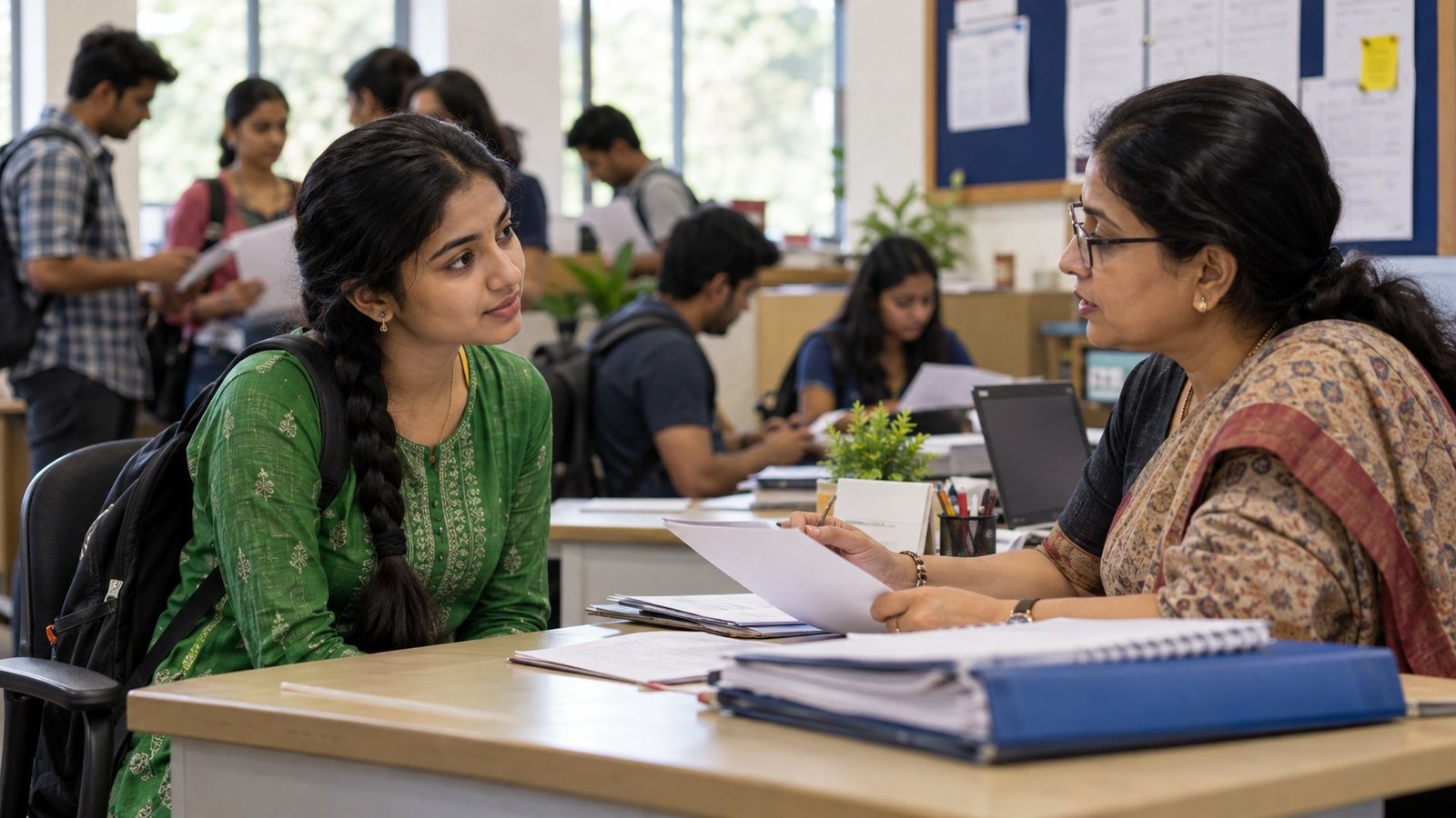 ISB Scholarship — सलाहकार से बातचीत करती हरे कुर्ते वाली छात्रा।