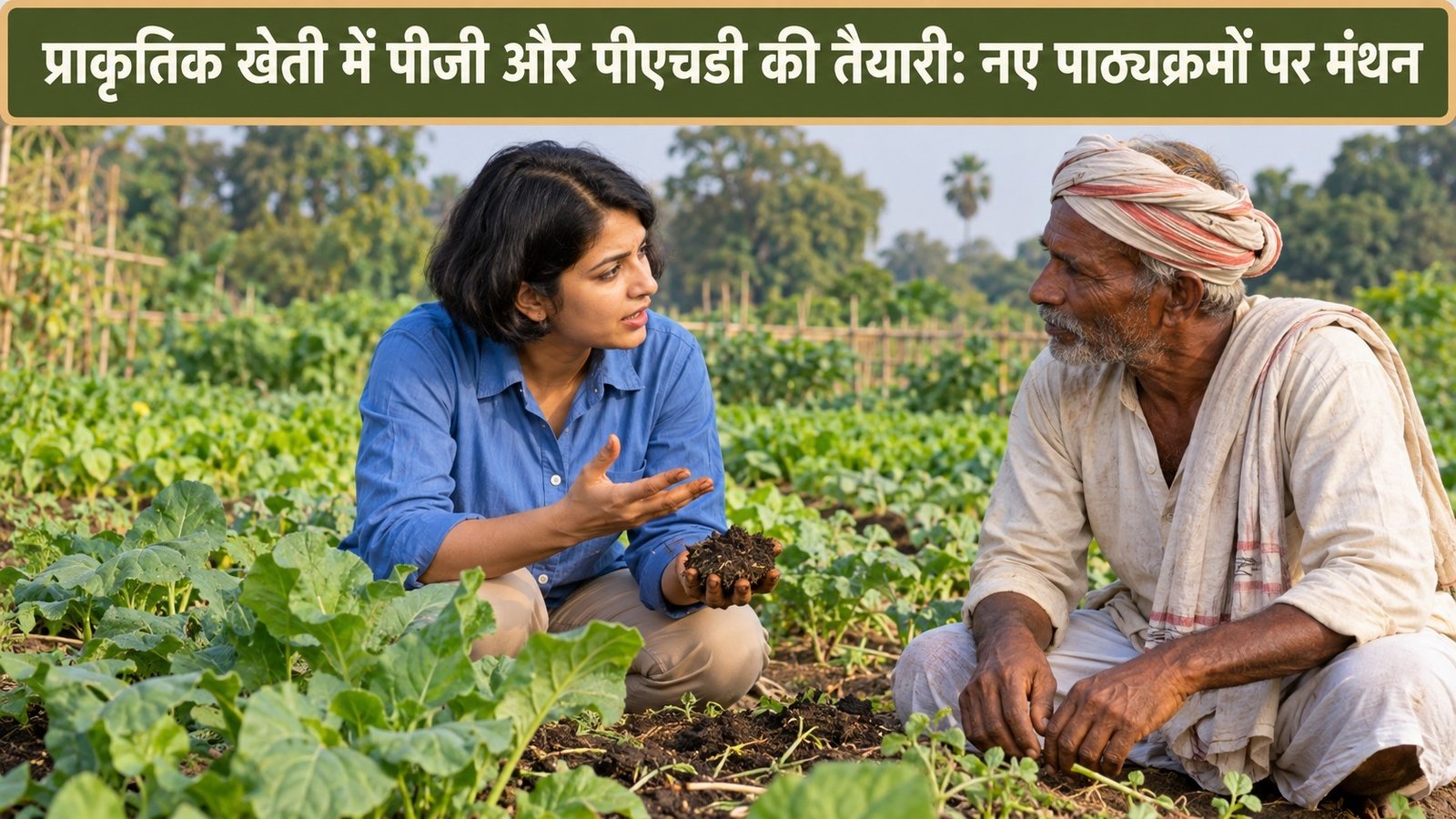 Natural Farming — खेत में किसान से बात करती कृषि शोधकर्ता और प्राकृतिक खेती
