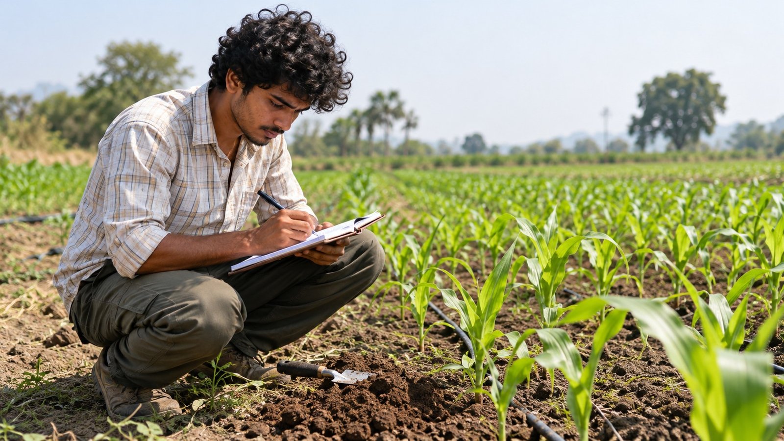 Natural Farming — फसल की कतारों के पास नोटबुक में अवलोकन लिखता कृषि छात्र