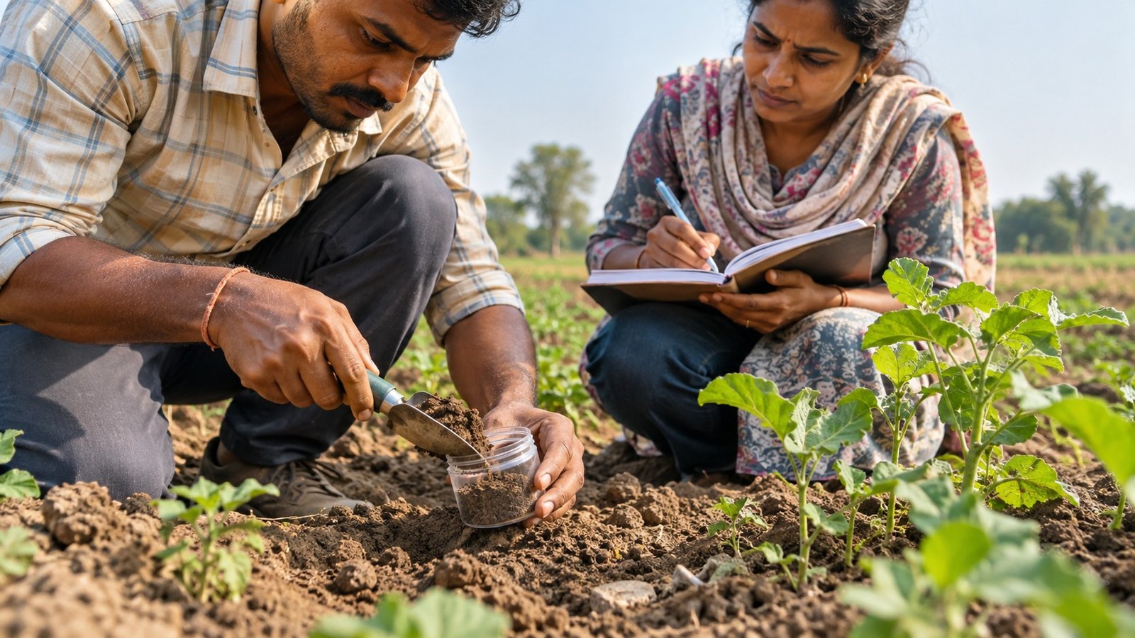 Natural Farming — पौधों के पास मिट्टी का नमूना